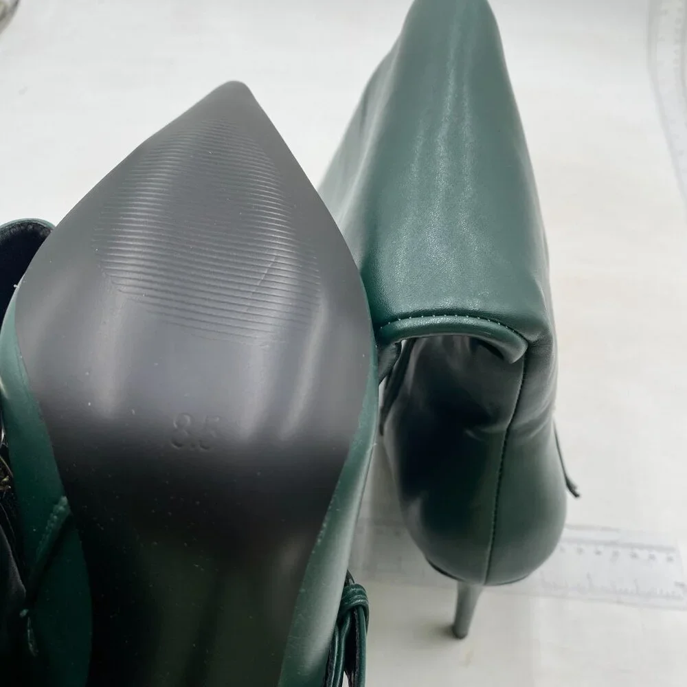 Green High Heel Knee High Boots Pointed Toe Ankle Buckle Side Zip Long Boots